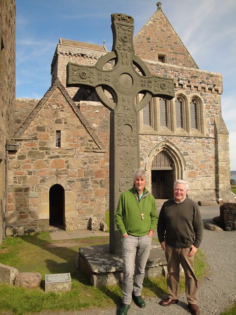 John Bell (left) and Bishop Stephen Oliver at Iona Abbey