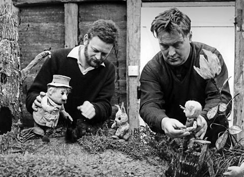 Oliver Postgate and Peter Firmin on set with The Pogles