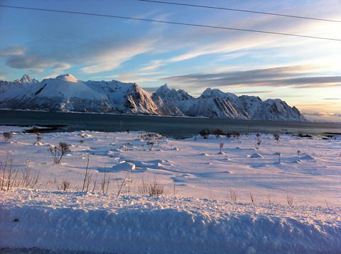 View on the drive to Stamsund to visit  artists Scott Thoe and tapestry maker Vebjorg 