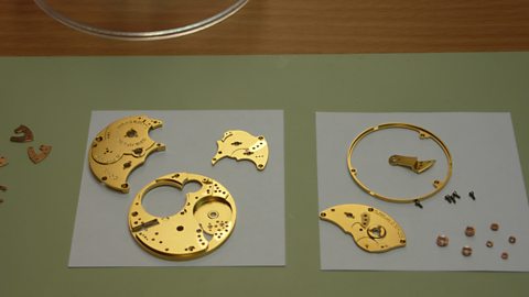 Roger Smith watch components at his workshop on the Isle of Man