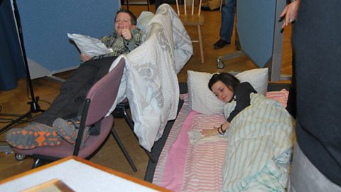 Elliott Griffiths (Marcus) and Shannon Flynn (Ruthie) recording a scene in their bunk beds