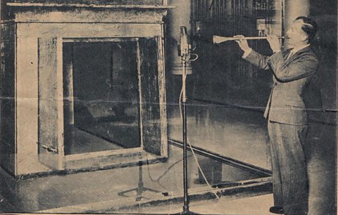 Bandsman James Tappern playing one of Tutankhamun's Trumpets for the 1939 Broadcast
