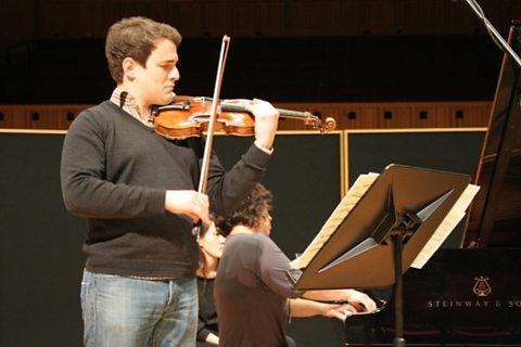 Jack Liebeck rehearsing in Hoddinott Hall