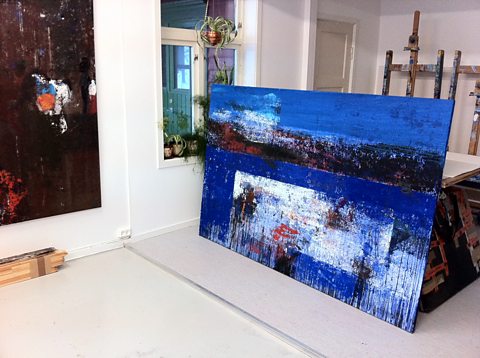 Yngve's studio with one of his beautifully textured oil canvases 