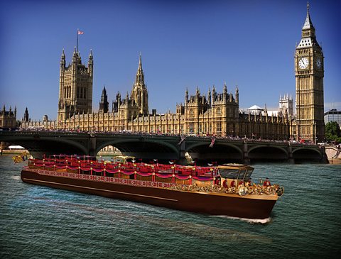 An artist's impression of the Royal Barge by Houses of Parliament