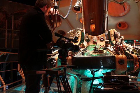 Doctor Who Confidential setup classic archive projections on the TARDIS