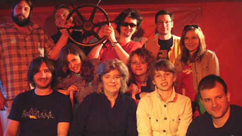Lucy Duran and BBC sound-recordist Andrew Smillie with members of the Warsaw Village Band