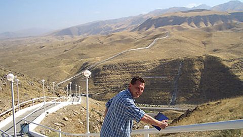 Andy at the 'Walk of Health',the mountains of Iran in the background
