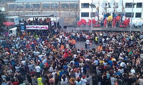 Brazilian and British carnival performers unveil a carnival art piece in Gillett Square, Hackney.  