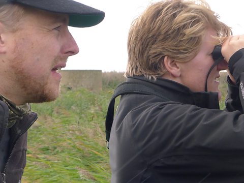 Sam West coaching Clare Balding in the art of bird-watching