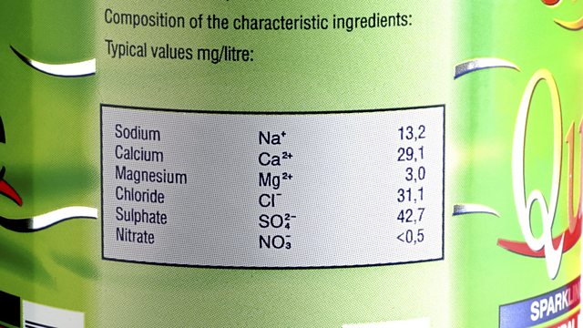 Sparkling water mineral content. This label lists the various minerals contained within the water in milligrams per litre (mg/litre)