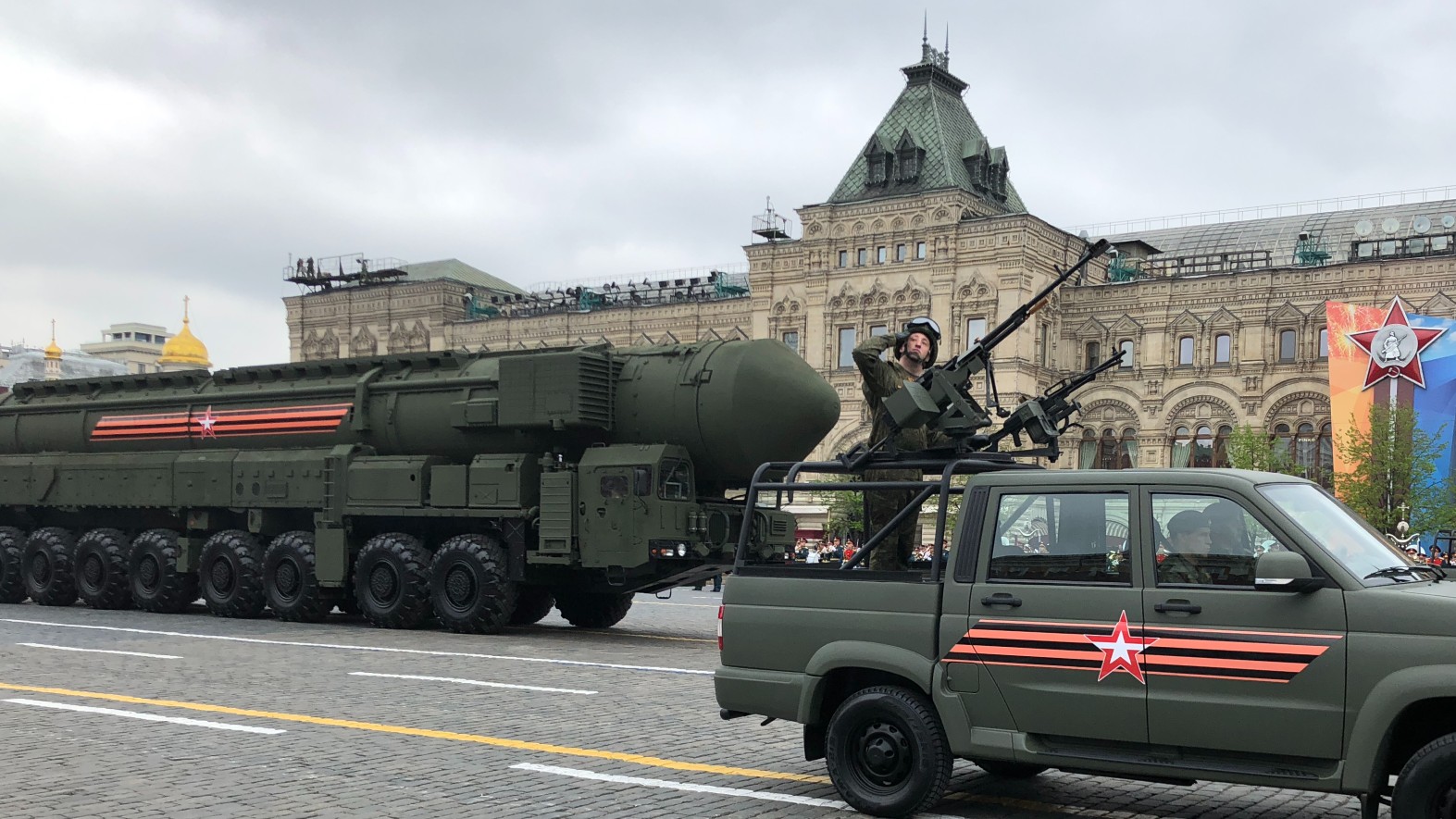 Russian Yars ballistic nuclear missiles on mobile launchers roll through Red Square during the Victory Day military parade rehearsals on May 6, 2018 in Moscow, Russia (Credit: Mikhail Svetlov/Getty Images)