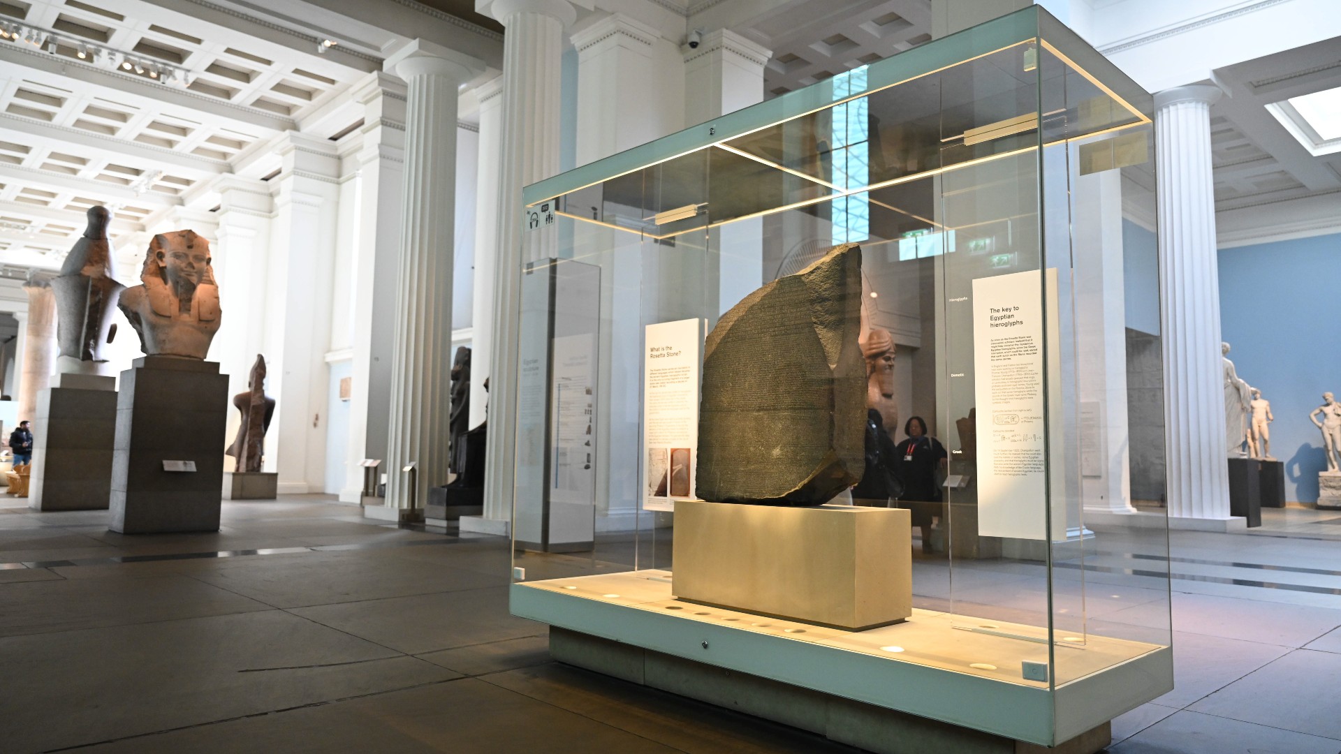 The Rosetta Stone on display in the Egyptian Sculpture Gallery at the British Museum (Credit: European Photopress Agency/Neil Hall)