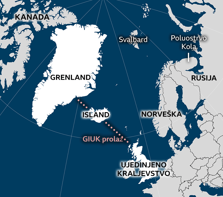 Mapa prikazuje Grenland i severnu Evropu, dok su tačkastom linijom razgraničene Grenland, Island i Ujedinjeno Kraljevstvo da bi se naglasio GIUK prolaz