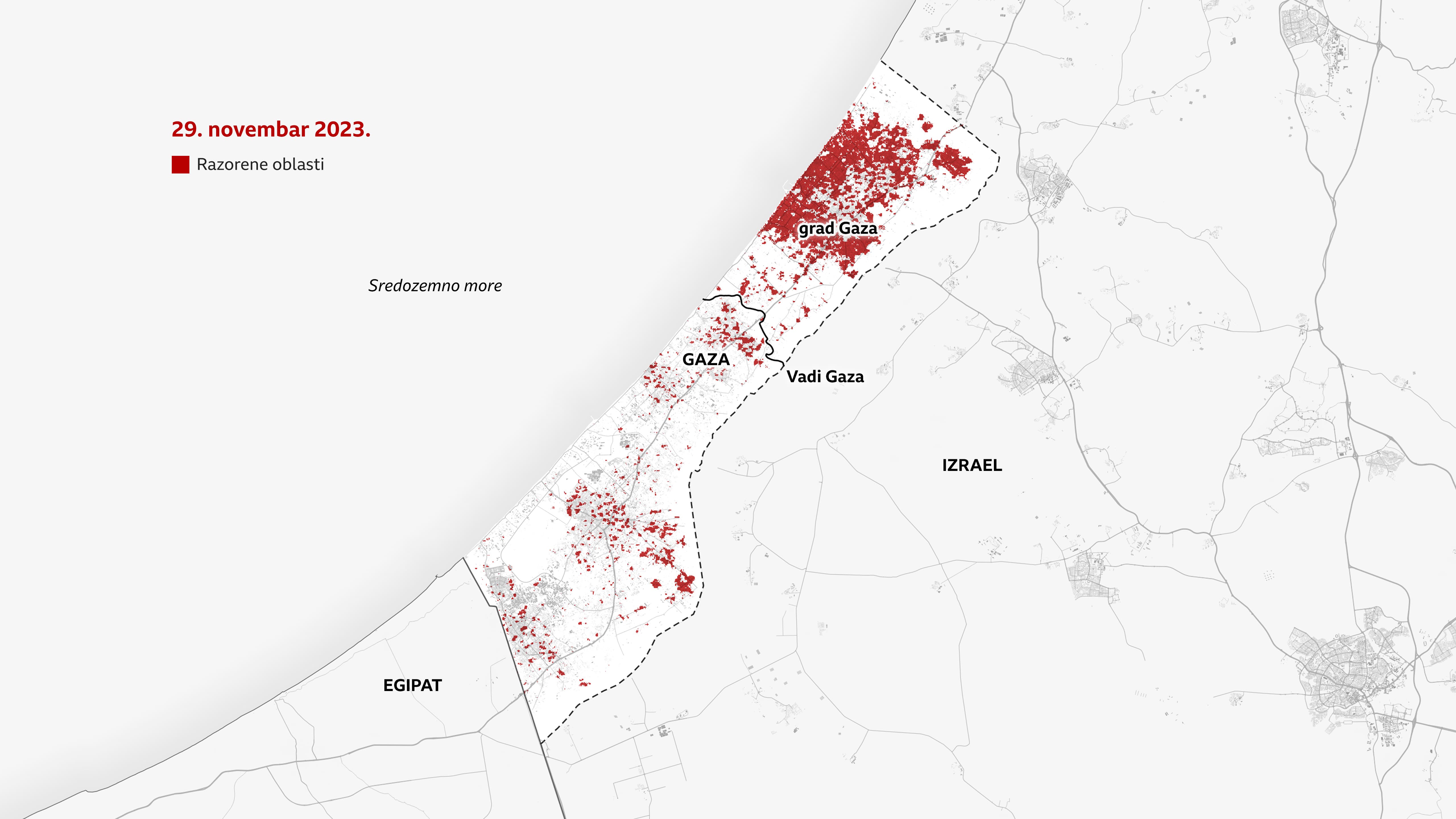 Mapa od 29. novembar 2023. pokazuje da su se oštećena područja označena crvenom bojom proširila i pokrivaju veći deo grada Gaze i severnu Gazu. Ona se takođe protežu ka jugu. Reka Vadi Gaza, južno od grada Gaze, može se videti kako teče kroz teritoriju.