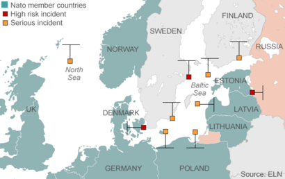 Map showing incidents involving Russia and Nato 