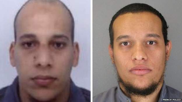 This combo shows handout photos released by French Police in Paris early on January 8, 2015 of suspects Cherif Kouachi (L), aged 32, and his brother Said Kouachi (R), aged 34, wanted in connection with an attack at a satirical weekly in the French capital that killed at least 12 people