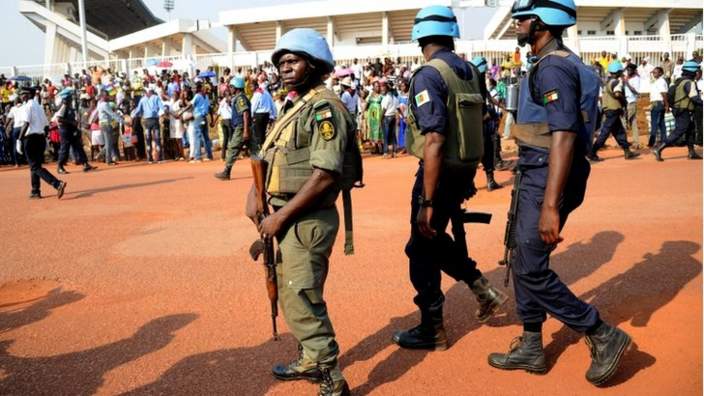 Policemen and soldiers patrol the stadium area during Pope Francis" visit in Bangui, Central African Republic, 29 November 2015