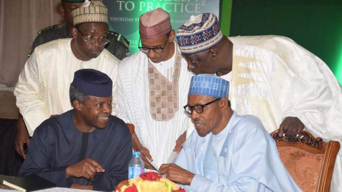 Vice President Yemi Osinbajo; President Muhammadu Buhari - with them are L-R; Kazaure Lawal, Hakeem Baba-Ahmed and Babachir David Lawal - Presidential Retreat for Ministerial Designates