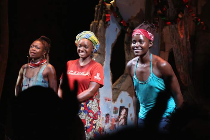 Zainab Jah, Saycon Sengbloh and Lupita Nyong'o appear onstage during the 'Eclipsed' broadway opening night at The Golden Theatre on March 6, 2016 in New York City