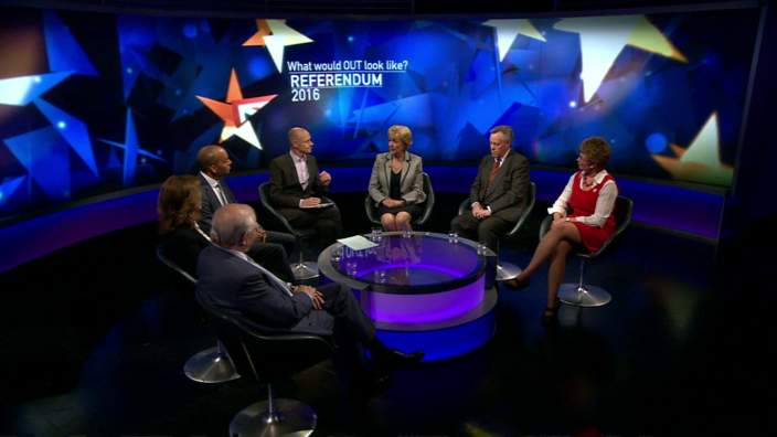 A shot of the studio with all the experts and political guests