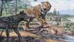 Dire wolves surrounding a sabertooth tiger at La Brea Tar Pits, California.