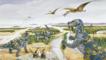 A group of grazing Muttaburrasaurus with smaller dinosaurs in the forground and pterosaurs above