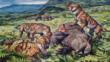 A group of mammal-like reptiles eating a dicynodont therapsid