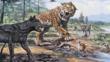 Dire wolves surrounding a sabertooth tiger at La Brea Tar Pits, California.