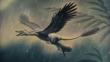 A feathered raptor gliding through the air