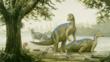 A group of mandschurosaurus dinosaurs in a forest clearing 