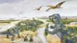 A group of grazing Muttaburrasaurus with smaller dinosaurs in the forground and pterosaurs above
