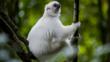 Silky sifaka lemur hanging to a tree branch in Marojejy National Park, Sambava, Madagascar