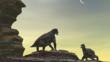 Two Moschops about to fight on a sandstone mesa