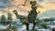 A pair of Tyrannosaurus rex in a misty landscape