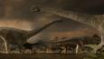 Argentinosaurus standing at water's edge surrounded by dinosaur eggs in nests
