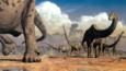 A herd of sauropod dinosaurs migrating during the dry season