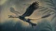 A feathered raptor gliding through the air