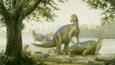 A group of mandschurosaurus dinosaurs in a forest clearing 