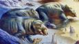 Three mammal-like reptiles, known as placerias, standing in water