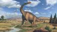 Brachiosaurus, a large sauropod dinosaur, looking round