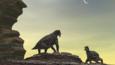 Two Moschops about to fight on a sandstone mesa