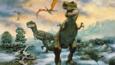 A pair of Tyrannosaurus rex in a misty landscape