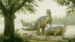 A group of mandschurosaurus dinosaurs in a forest clearing 