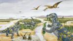 A group of grazing Muttaburrasaurus with smaller dinosaurs in the forground and pterosaurs above