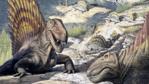 Synapsid reptiles from the Permian Period: Dimetrodon in the foreground with several Edaphosaurus behind