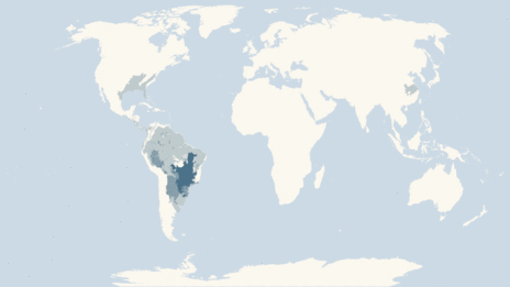 Map showing the distribution of the Alligators and caimans taxa