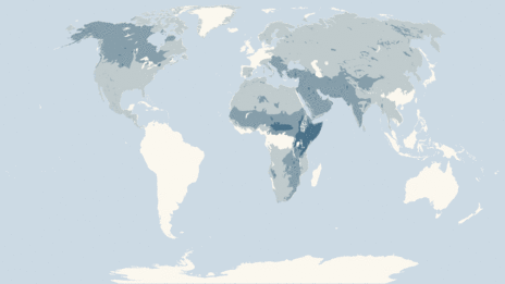 Map showing the distribution of the Wolves, dogs and jackals taxa