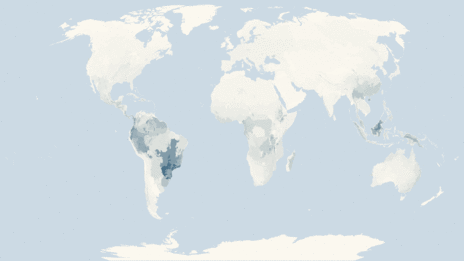 Map showing the distribution of the Frogs and toads taxa