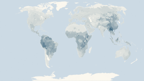 Map showing the distribution of the Perching birds taxa